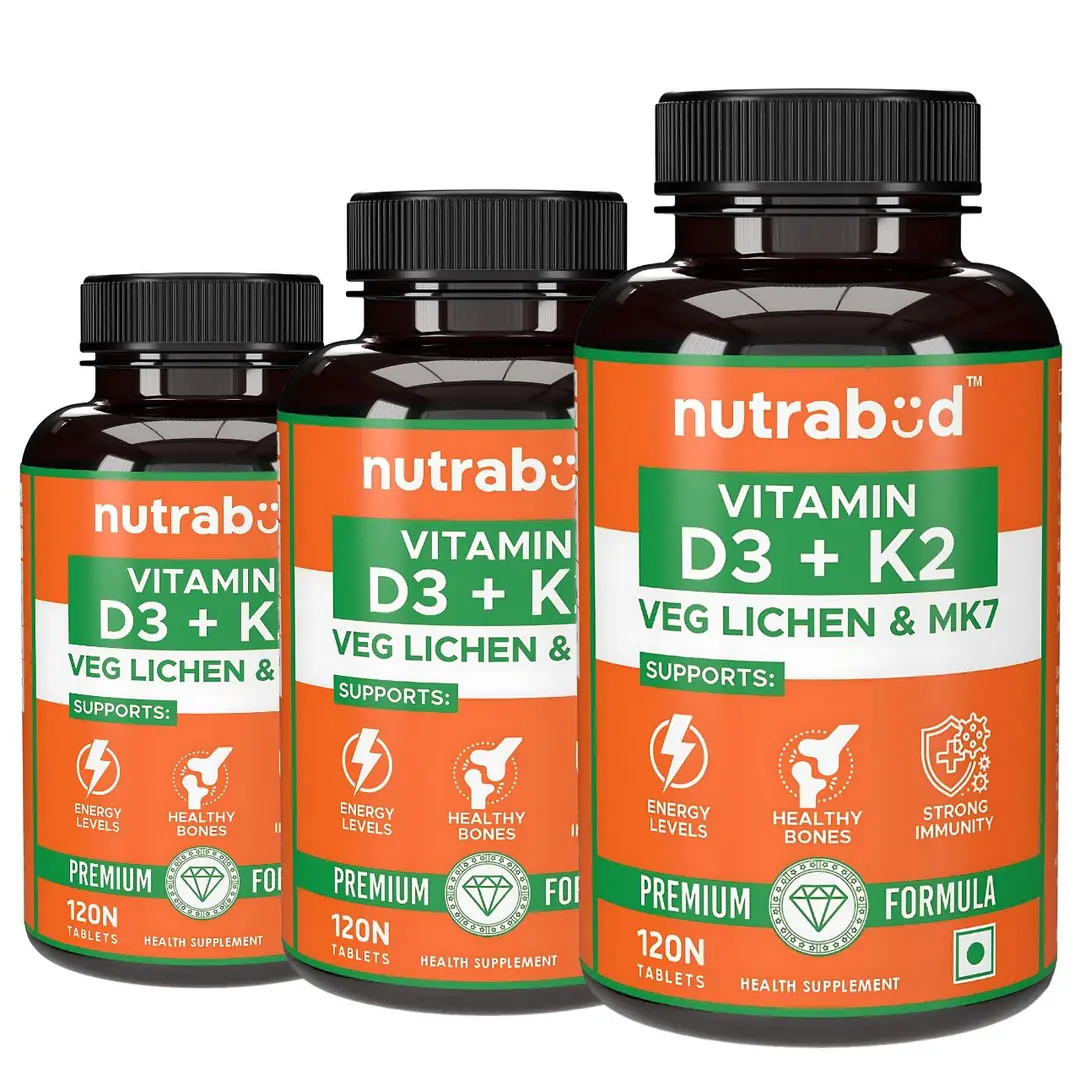 Nutrabud Veg Vitamin D3 + K2 MK7 for Immune System and Joint Care - Pack of 3 (360 Tablets)