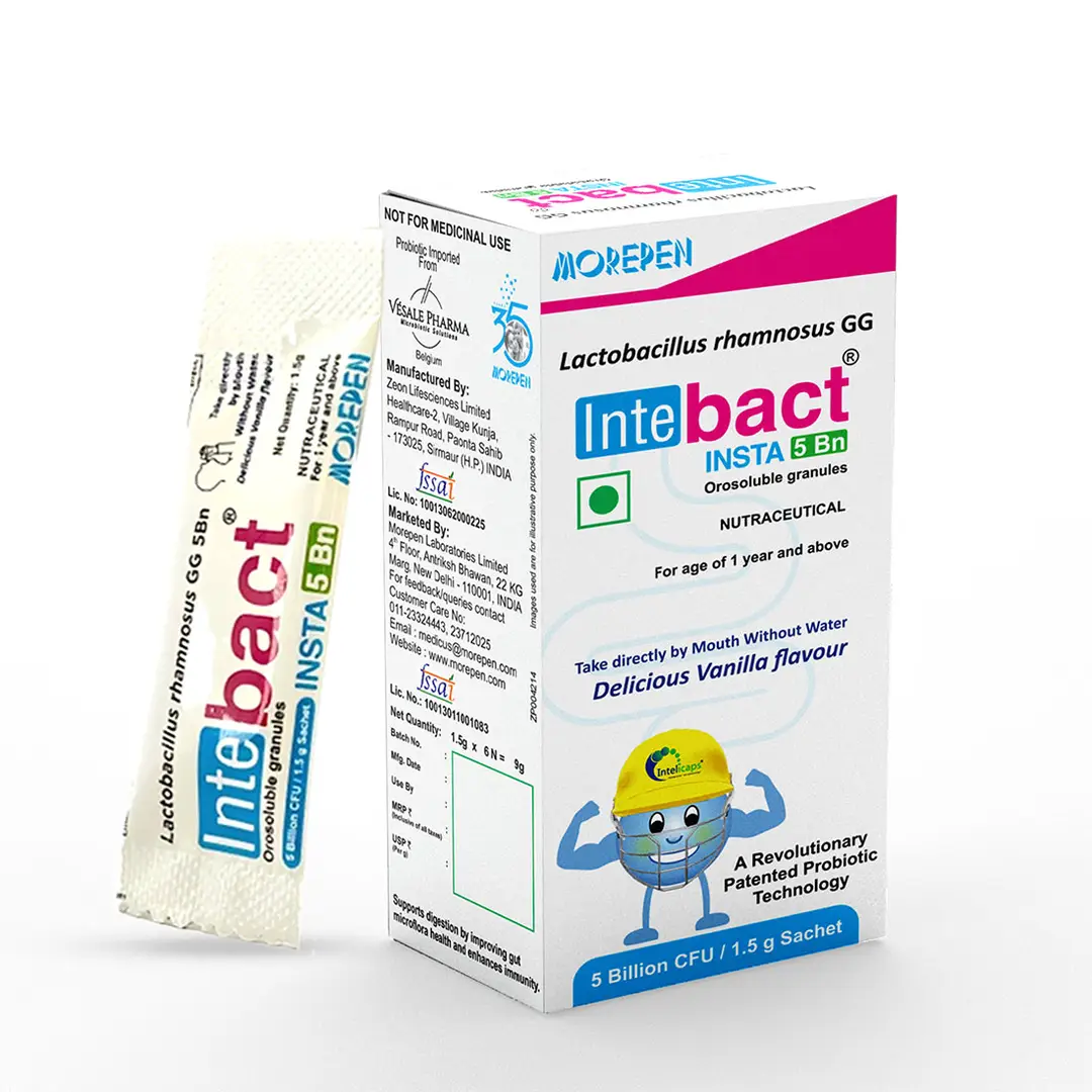 Dr. Morepen Intebact Insta 5BN CFU Probiotics Supplement for Digestive Health - Pack of 1 (6 Sachets)