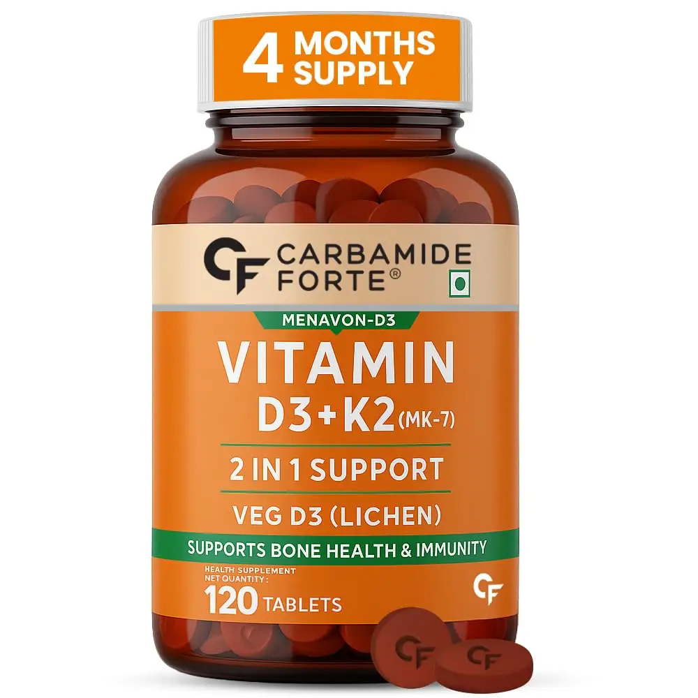 Carbamide Forte - Vitamin D3 K2 MK7 | Plant Based Veg Vitamin D3 Supplement Lichen Source with Vitamin K2 MK7 Menaquinone - Pack of 1 (120 Tablets)