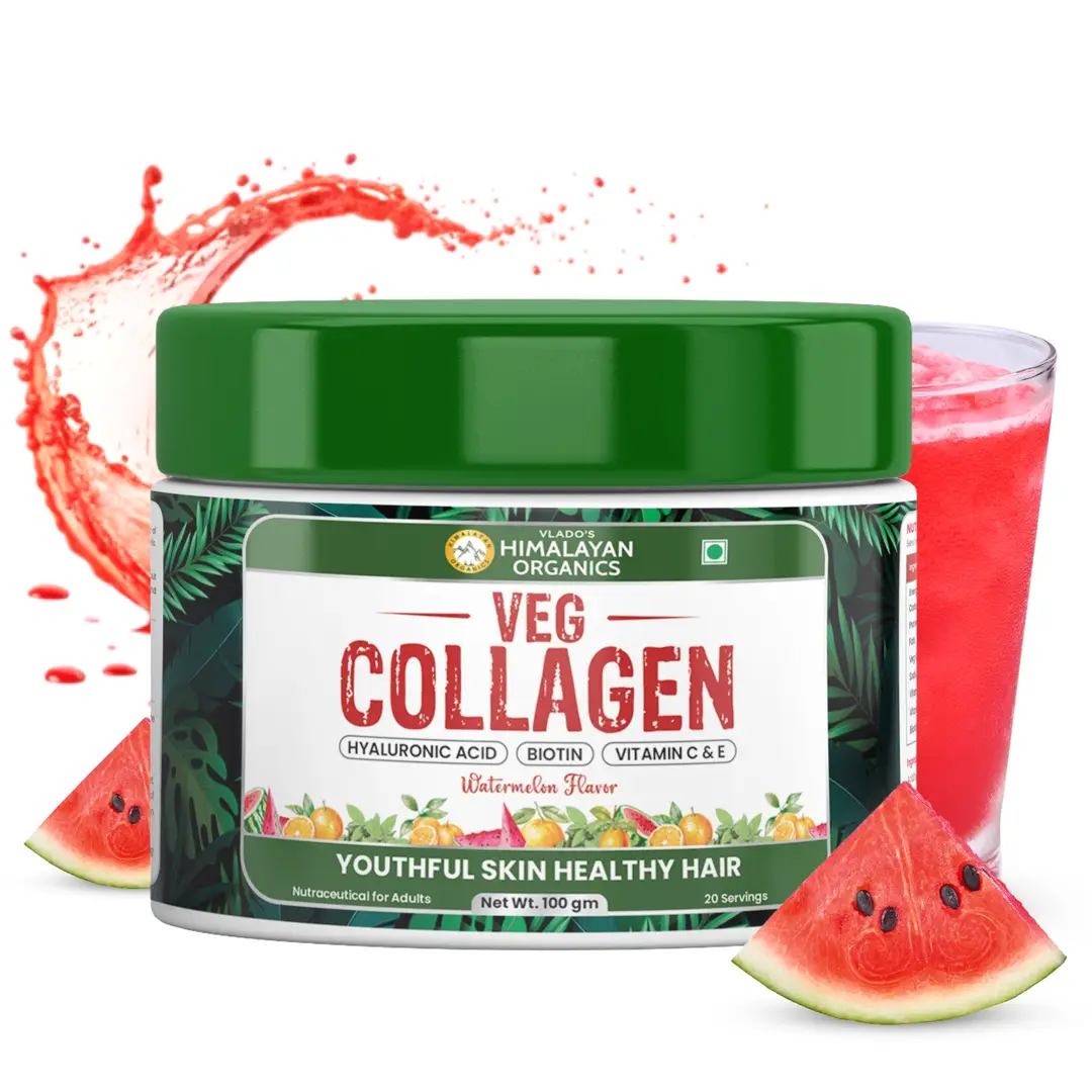 Vlado's Himalayan Organics Vegan Collagen with Types I, II, III, V, X, Biotin, Hyaluronic Acid, Vit C & E. Supports skin, hair, nails, reduces pigmentation, dark spots & brightens skin. Clinically proven, Japanese tech. For men & women. - 100 gm (Watermelon)