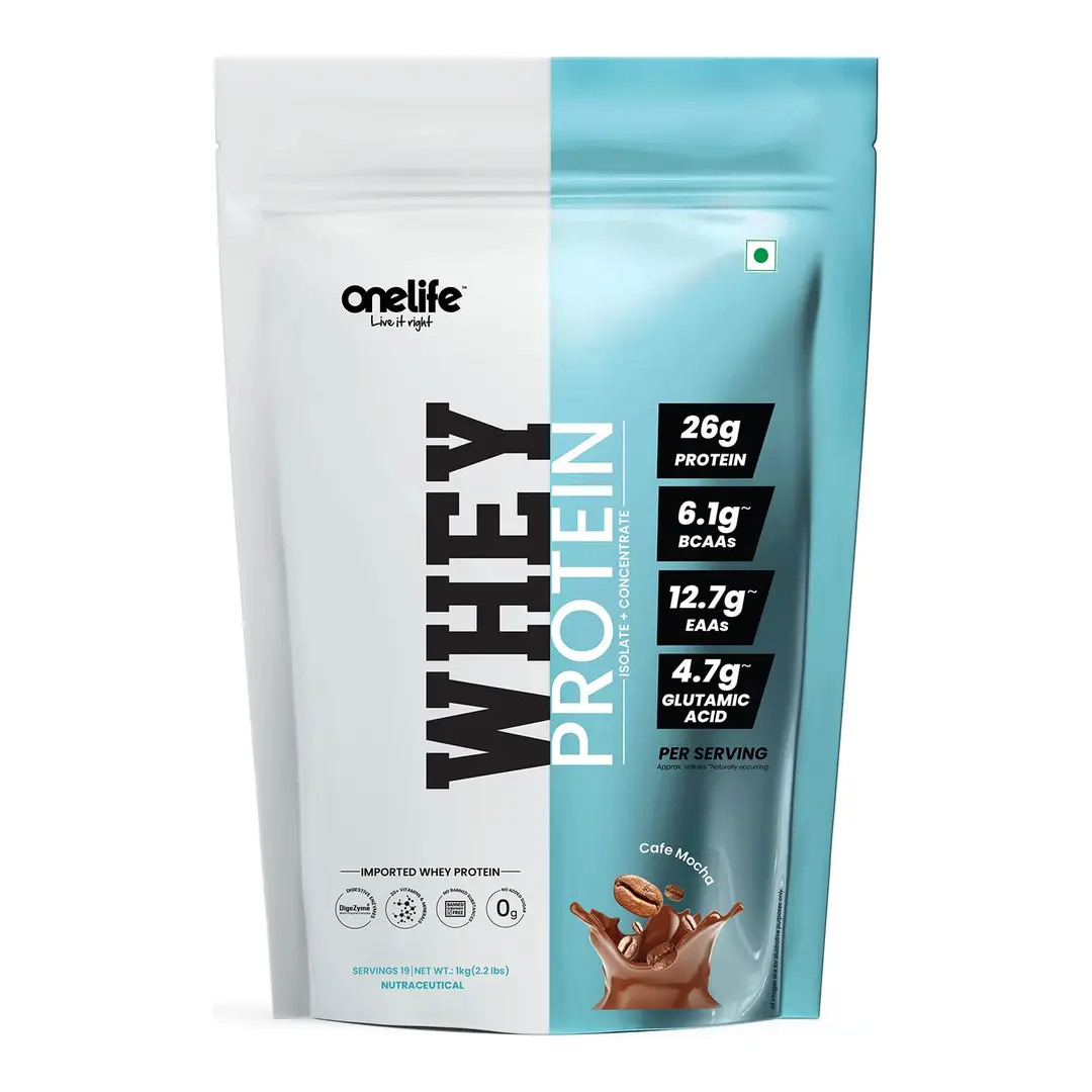 Onelife Whey Protein (Isolate + Concentrate) - Imported Whey Protein. In delecious Cafe Mocha Flavour - 1000 gm