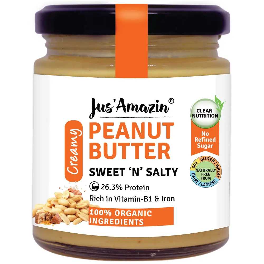Jus Amazin - Creamy Organic Peanut Butter – with Sweet 'N' Salty - for Rich in Vitamin B1 and Iron - Sweet n Salty (200 gm)