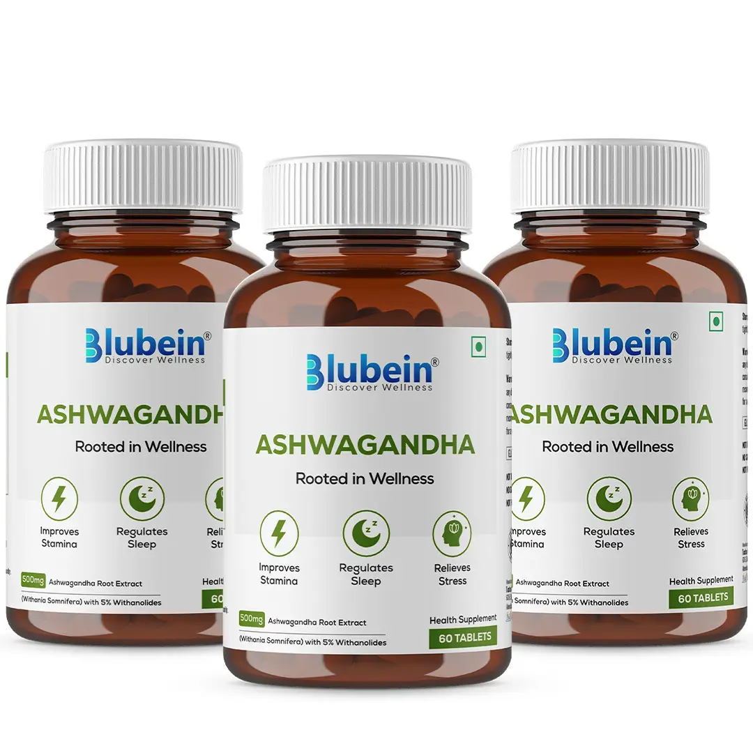 Blubein - Ashwagandha - With Ashwagandha extract, Withanolides For Stress relief, Enhances wellness - Pack of 3 (180 Tablets)