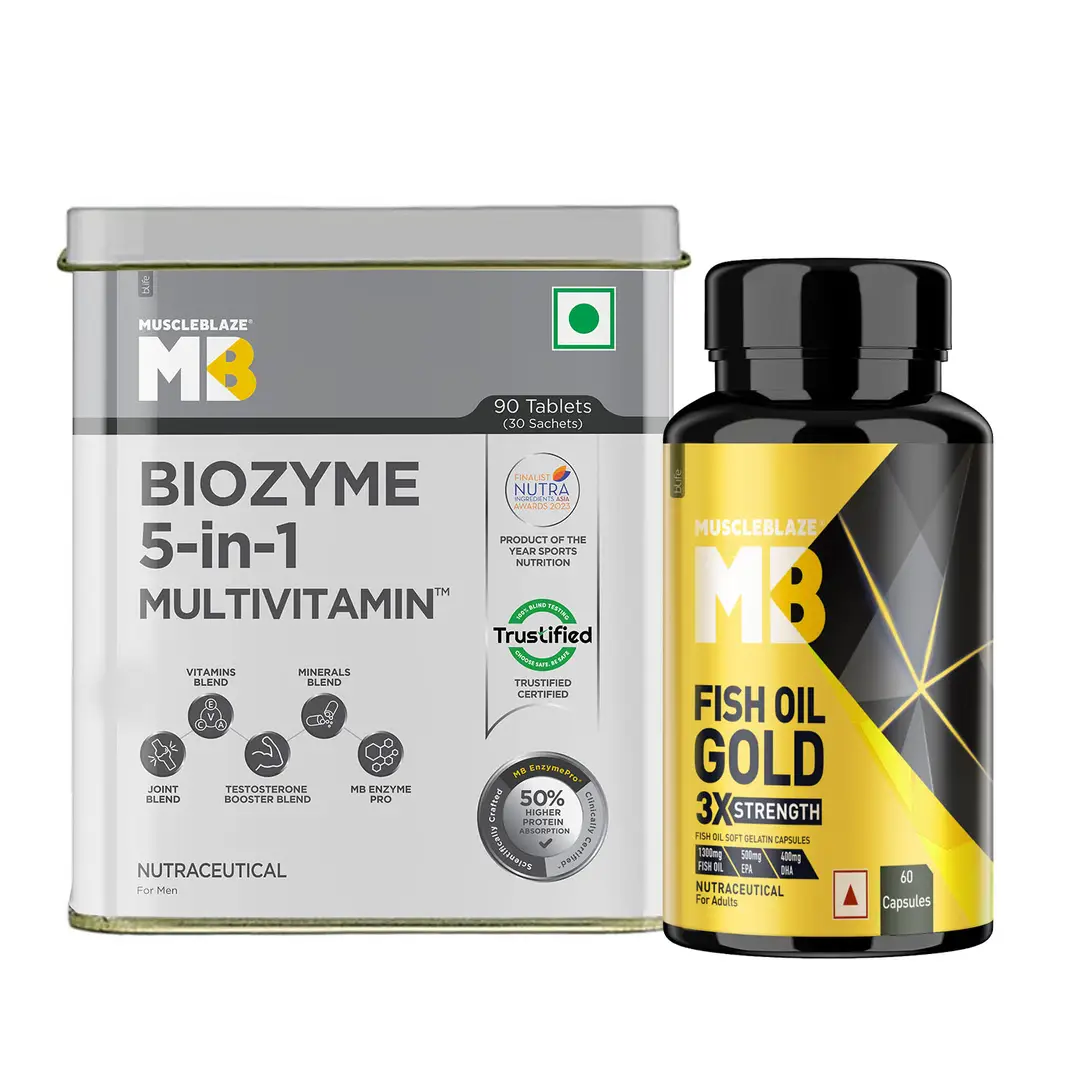MuscleBlaze Biozyme Daily Multivitamin - 90 Tablets and Omega 3 Fish Oil Gold 1250mg- Triple Strength Formula - 60 Capsules - (Combo Pack)