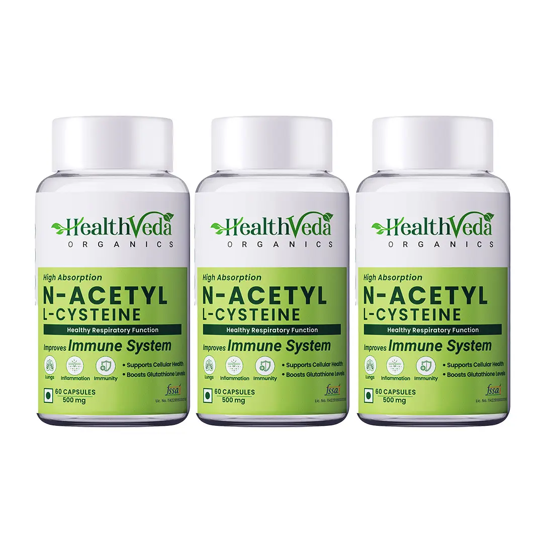 Health Veda Organics - N - Acetyl L - Cysteine - With N - Acetyl, L - Cysteine 500mg - For Lungs, Respiratory Support - Pack of 3 (180 Capsules)