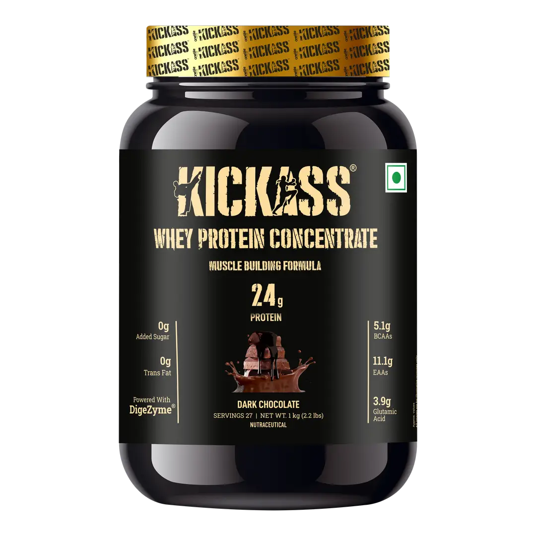 Kickass 100% Whey Protein Concentrate - With Added Digestive Enzymes and Immunity-Boosters - 1 Kg - Dark Chocolate