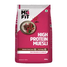 MuscleBlaze Fit High Protein Muesli - Dark Chocolate & Cranberry with 22g Protein, Raisins, Almonds & Super Seeds for Healthy Breakfast