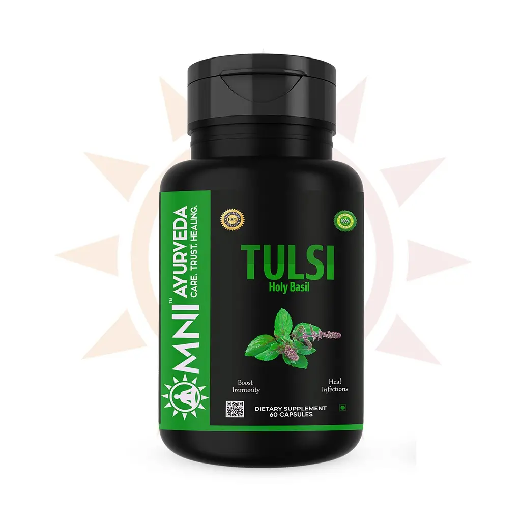 Omni Ayurveda - Tulsi Capsules - Boosts Immunity, Reduces Stress and Aids Digestion - 60 Capsules - Pack of 1(60 Capsules)