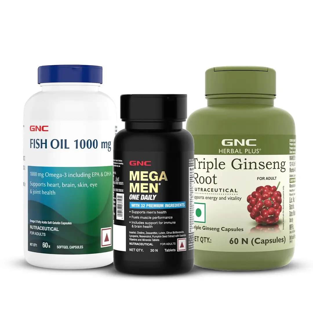 GNC Mega Men One Daily Multivitamin (30 Tablets), Fish Body Oil (60 Softgels) & Herbal Plus Triple Ginseng Root (60 Capsules) - Combo Pack