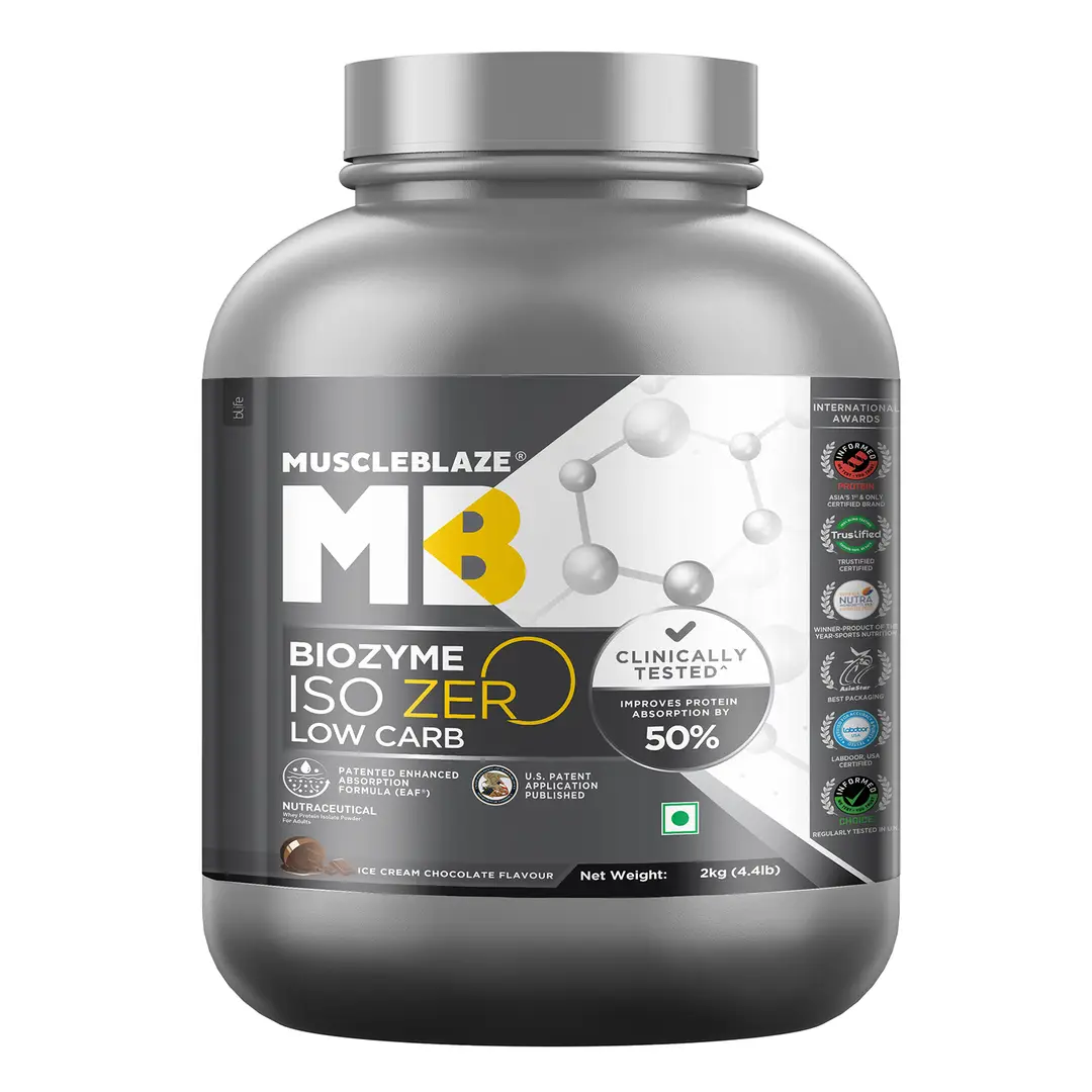 MuscleBlaze Biozyme Iso Zero, Low Carb Whey Protein Isolate with USA Patent for Lean Muscle Mass - Ice Cream Chocolate,4.41 lb