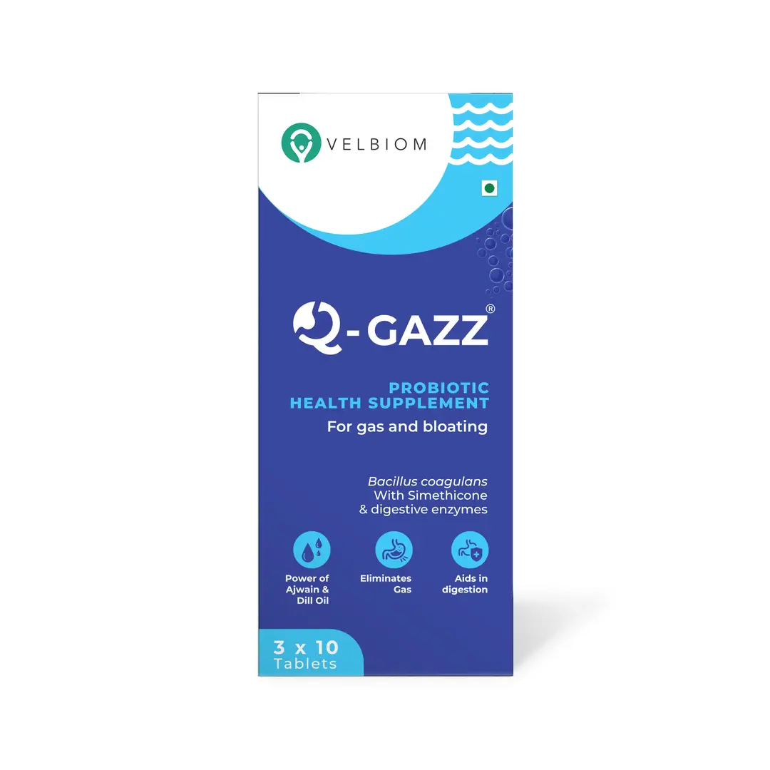 Velbiom Q-Gazz with Digestive enzymes,Probiotics, Ajwain and Saunf for Gas, Bloating and Indigestion - Pack of 1 (30 Tablets)