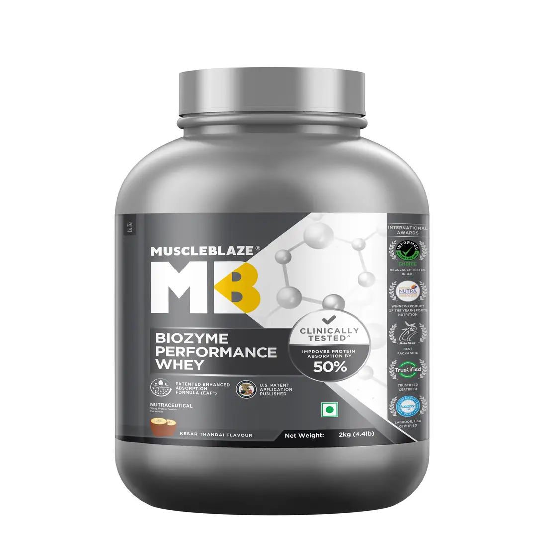 MuscleBlaze Biozyme Performance Whey Protein - with Whey Protein Concentrate, Cocoa Powder for Aiding in Lean Mass Gain - Kesar Thandai,4.41 lb