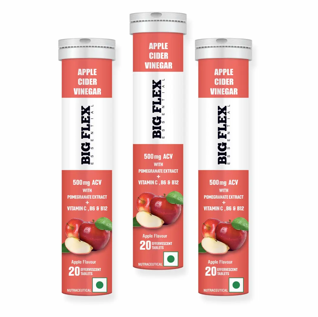 Bigflex Apple Cider Vinegar 500mg with Pomegrante Extract and Vitamin B6 and B12 for Weight Management - Apple,60 Effervescent Tablets