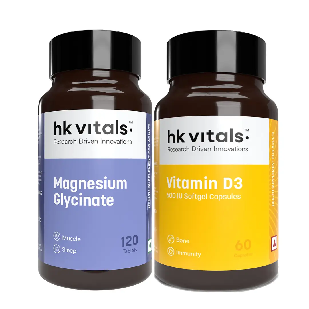 hk vitals Magnesium Glycinate (1682mg) (120 Tablets) and Vitamin D3 (600 IU) (60 Capsules) for Better Sleep Quality and Muscle Recovery - (Combo Pack)