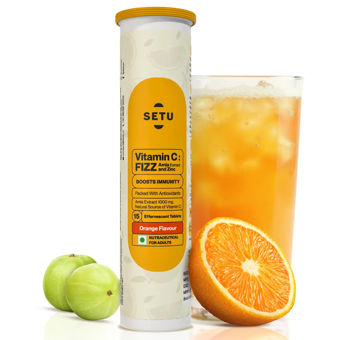 Setu - Vitamin C - Fizz, Amla Extract and Zinc - Boosts body’s defenses against pathogens & infections - Orange,15 Effervescent Tablets