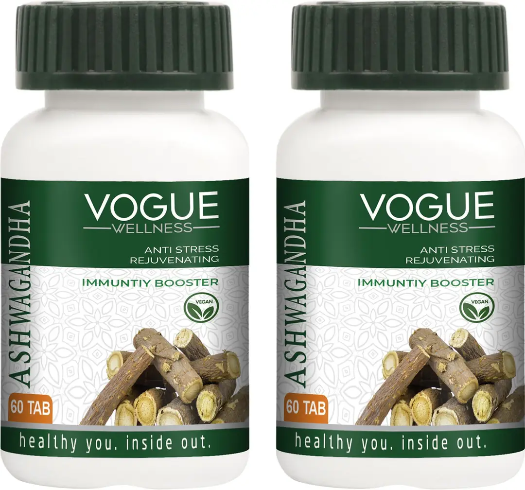Vogue Wellness Ashwagandha for Anti Stress, Rejuvenates body and Immunity Booster - Pack of 2 (120 Tablets)