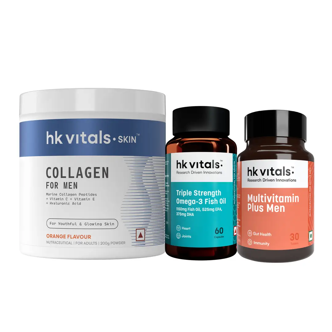 hk vitals Marine Collagen for Men Supplement (Orange, 200gm), Triple Strength Omega-3 Fish Oil Supplement (60 Capsules) and Multivitamin Plus Men (30 Tablets) - (Combo Pack)