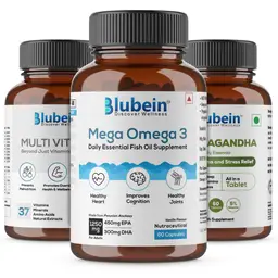 Blubein Total Wellness Trio - Multivitamin with 37 Vital Ingredients 30 Tablets, Mega Omega 3 Fish oil 60 Capsules and Ashwagandha with 5% withanolides 60 Tablets icon