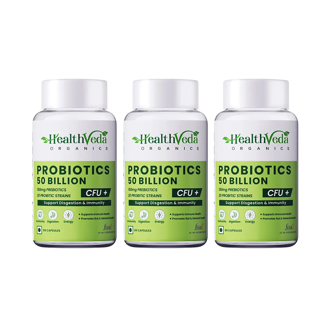 Health Veda Organics - Probiotics 50 Billion CFU Multi-Strains - with 10X Better Digestion - for Immunity & Gut Health - Pack of 3 (180 Capsules)