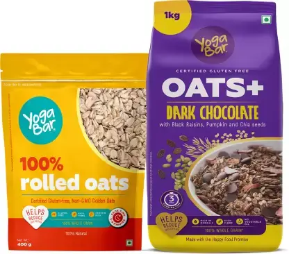 Yogabar - Dark Chocolate Oats 1kg - 100% Rolled oats 400 pouch - Combo pack (Rolled Oats & Dark Chocolate )