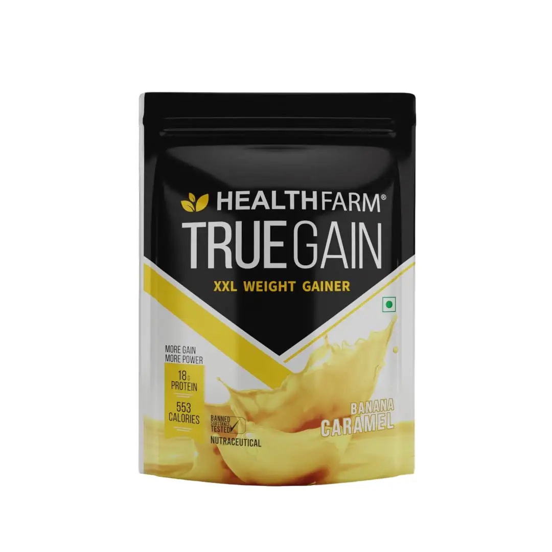 Healthfarm XXL True Gain Protein for Muscle Support and Muscle Mass Gain - Banana Caremel,1 Kg