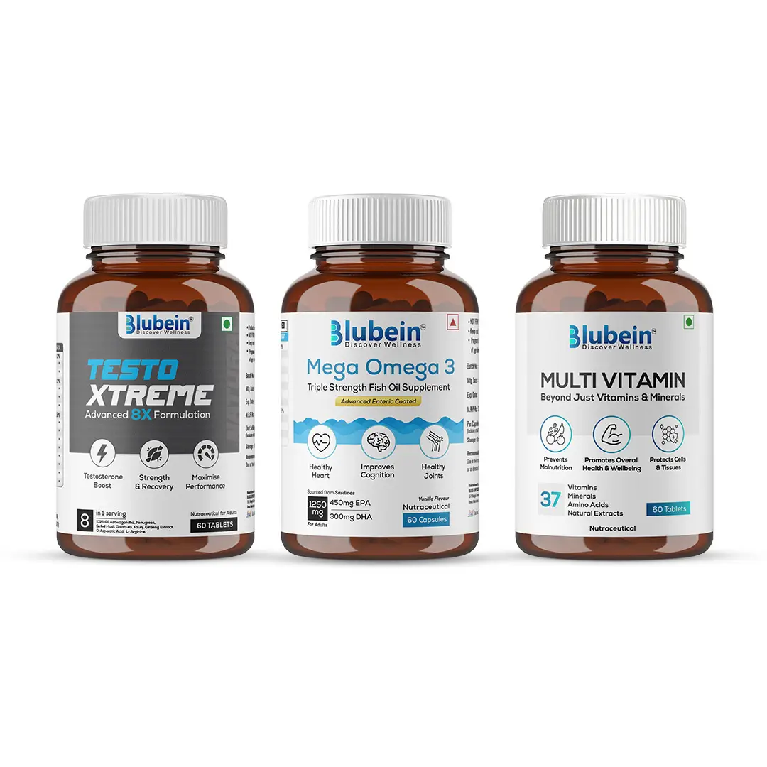 Blubein’s Total Wellness Trio PRO 1250 Testo Xtreme (60 Tablets), Mega Omega (60 Tablets) and Multivitamin (60 Tablets) -  Combo Pack - Pack of 1 (180 Tablets)