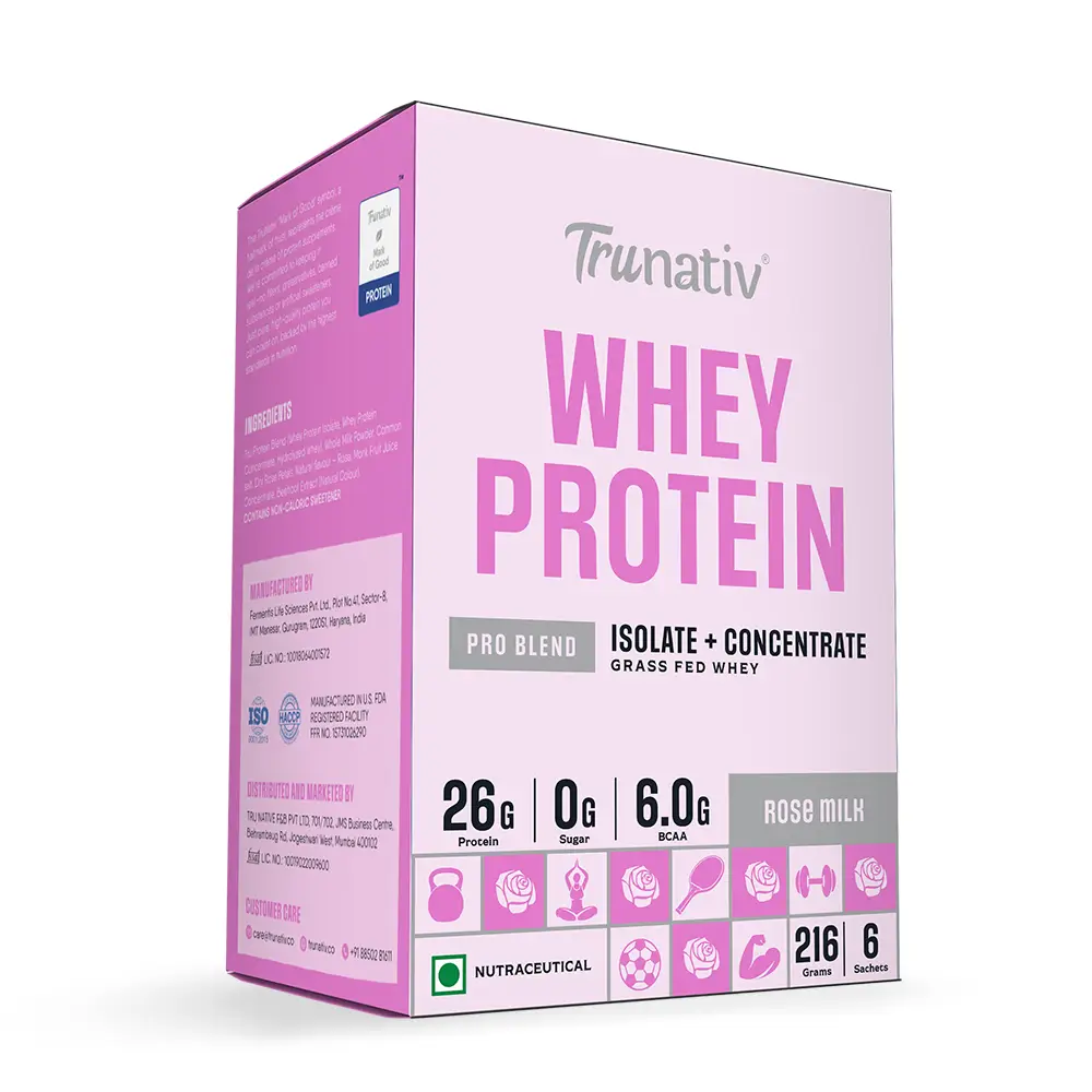 Trunativ Pro Blend Whey Protein with Grass-Fed Isolate & Concentrate for Muscle Recovery and Strength - Rose Milk,6 Sachets
