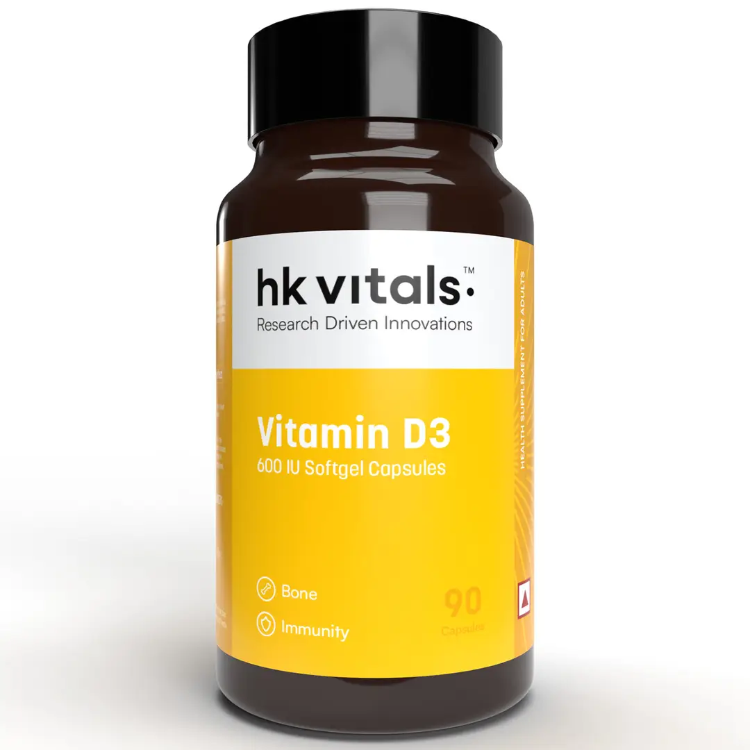 hk vitals Vitamin D3 (600 IU) | With Sunflower Oil, Promotes Calcium Absorption | Bone Health, Muscle Strength & Immunity - Pack of 1 (90 Softgels)