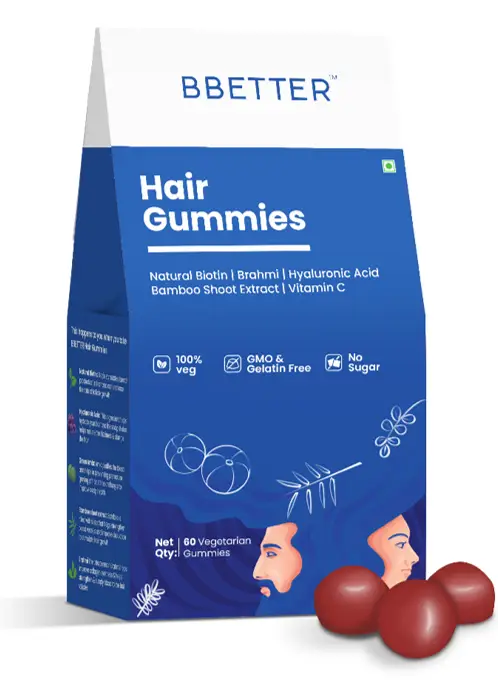 BBETTER Hair Gummies with Natural Biotin, Brahmi, Hyaluronic Acid, Bamboo Shoot & Green Amla - Pack of 1 (60 Gummies)