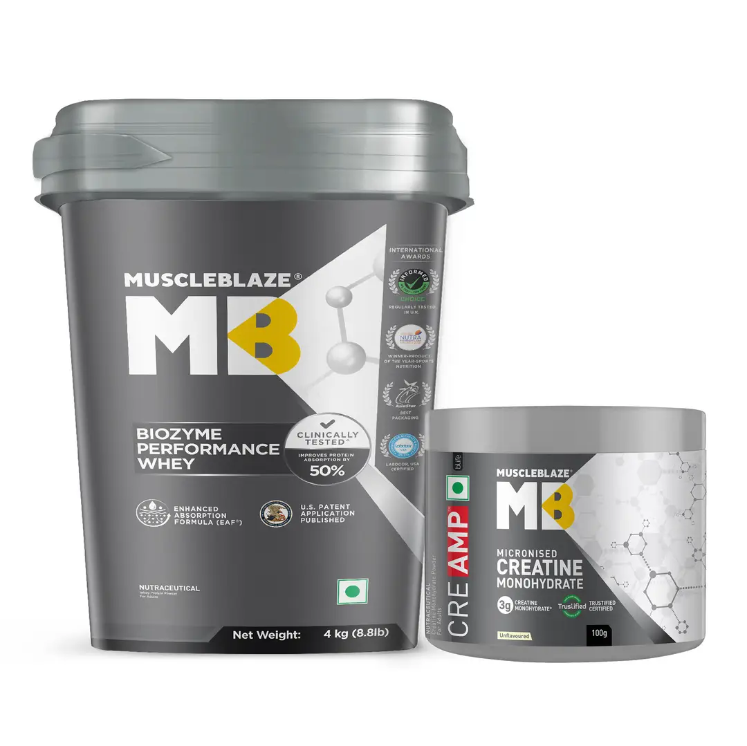 MuscleBlaze Biozyme Performance Whey Protein (Rich Chocolate,8.8lb) and Creatine Monohydrate CreAMP™ (100g, Unflavoured) - Combo