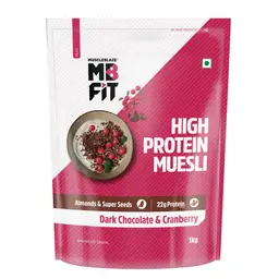 MuscleBlaze Fit High Protein Muesli - Dark Chocolate & Cranberry with 22g Protein, Raisins, Almonds & Super Seeds for Healthy Breakfast