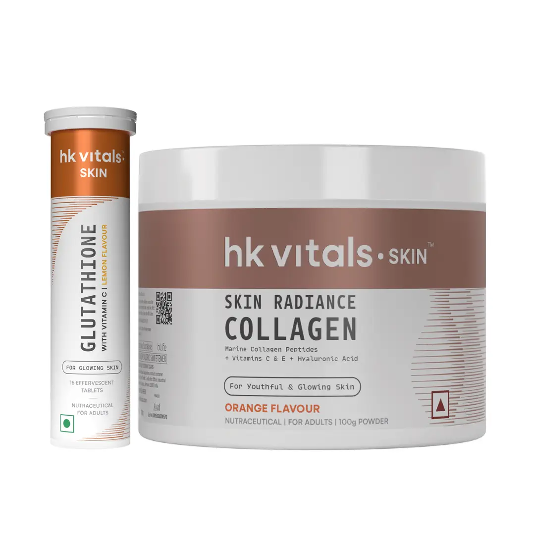 hk vitals Glutathione (Lemon, 15 Effervescent Tablets) with Skin Radiance Collagen (Orange, 100 gm)