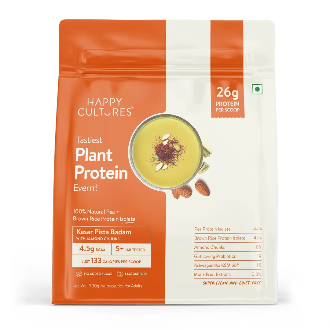 Happy Cultures 26g Tastiest Plant Protein|Pea & Brown Rice Protein Isolate| Vegan| 20 Complete Amino Acids| Women & Men| No Bloating, Easy to Digest| Dairy Free with Probiotics - 500 g - Kesar Badam Pista