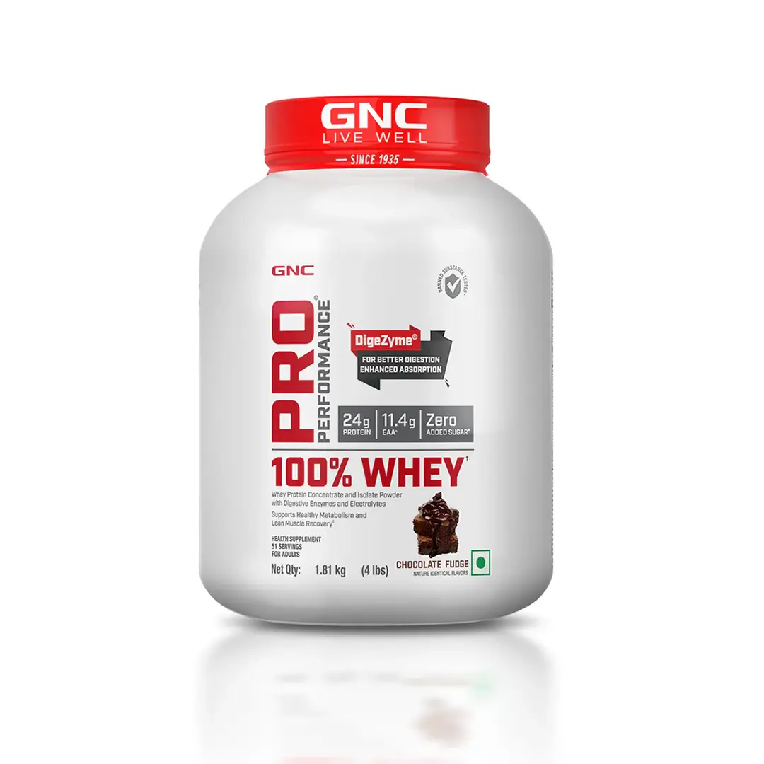 GNC Pro Performance 100% Whey Protein Powder Formulated In USA with 24g Protein, 5.5g BCAA for Strength, Endurance, Builds Lean Muscles and Fastens Muscle Recovery - Chocolate Fudge,4 lb