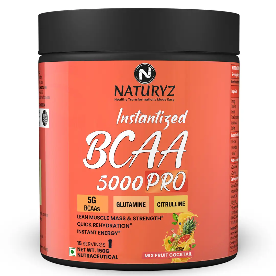 Naturyz Instantized BCAA 5000 PRO with 5G BCAAs Glutamine for Lean Muscle, Energy - Mix Fruit Cocktail,150 gm