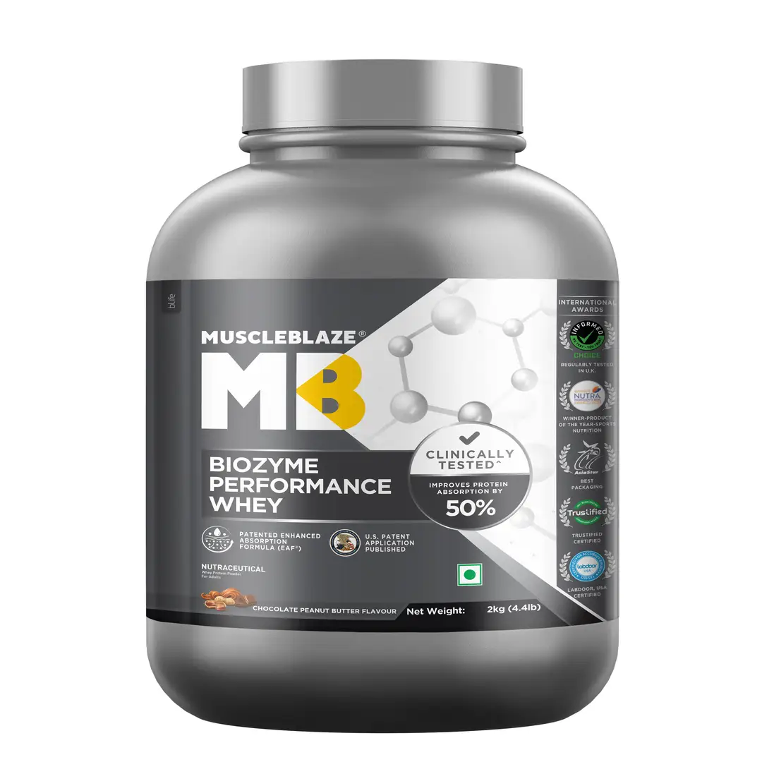 MuscleBlaze Biozyme Performance Whey Protein - with Whey Protein Concentrate, Cocoa Powder for Aiding in Lean Mass Gain - Chocolate Peanut Butter,4.41 lb