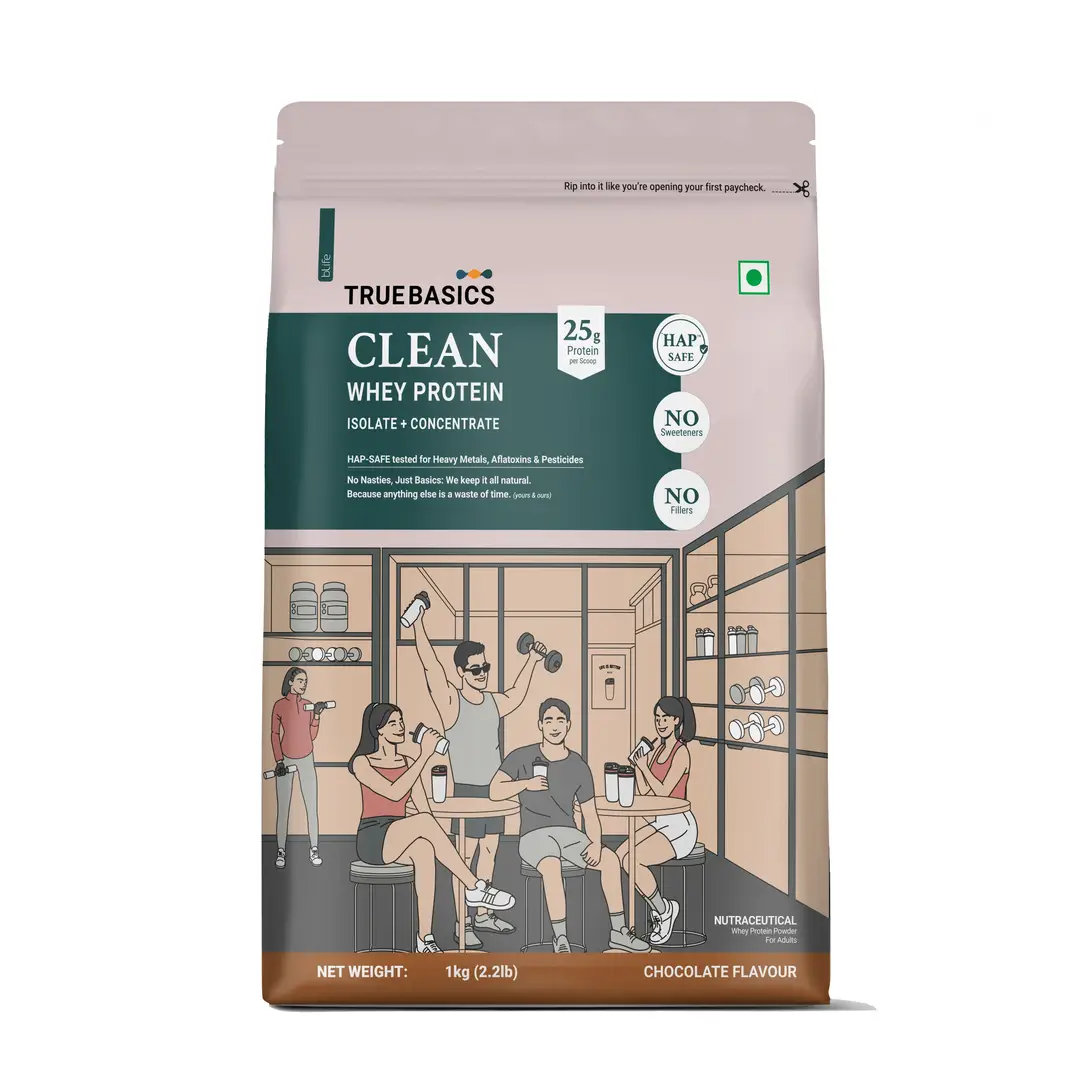 TrueBasics Clean Whey Protein Powder Isolate & Concentrate Blend (Chocolate, 1kg) | 25g Protein per Scoop - Chocolate,1 Kg