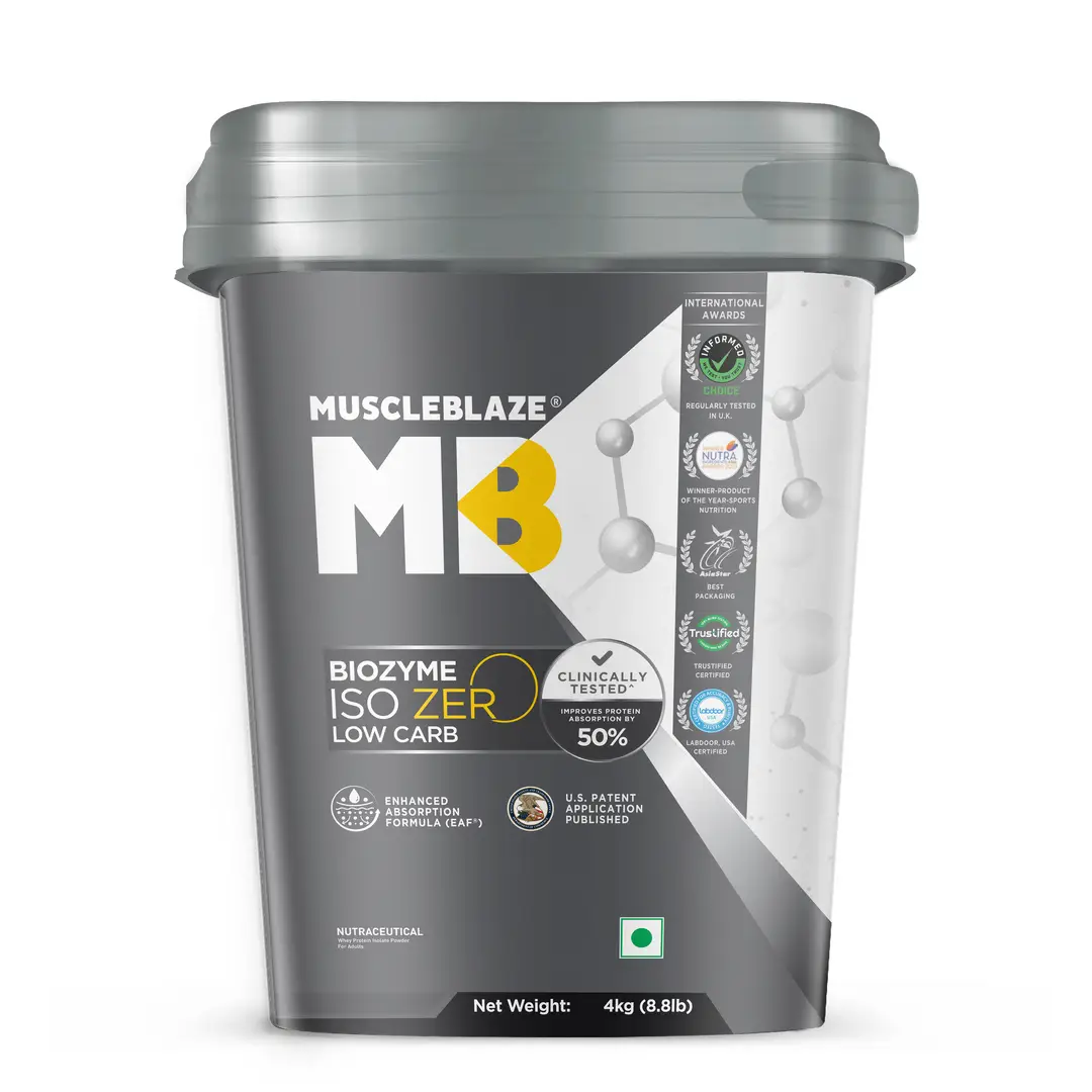 MuscleBlaze Biozyme Iso Zero, Low Carb Whey Protein Isolate with USA Patent for Lean Muscle Mass - Ice Cream Chocolate,8.82 lb