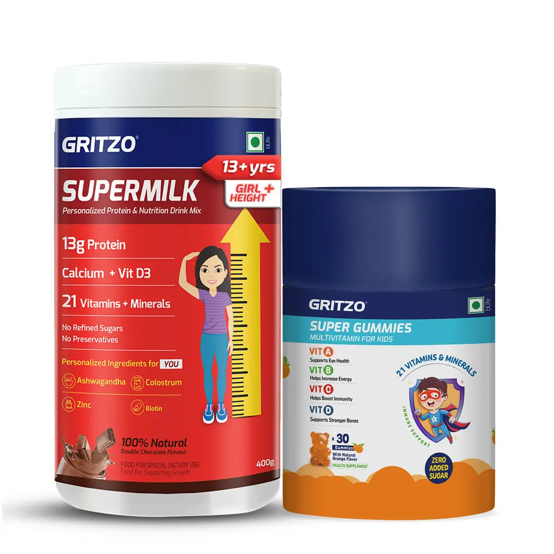 Gritzo SuperMilk Height+ (13+y Girls), 13g Protein (Double Chocolate, 400g) and Super Gummies (Orange, 30 Gummies)