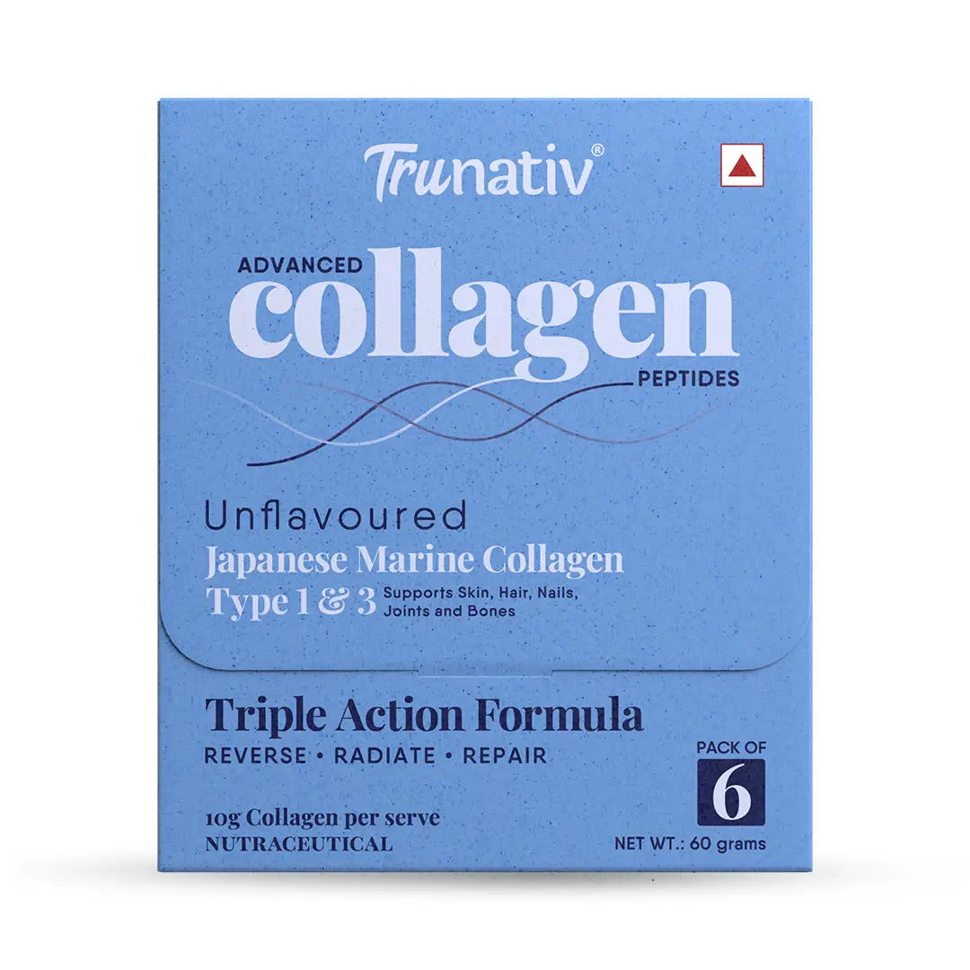 Trunativ Advanced Collagen with Japanese Marine Collagen Type 1 and 3, Vitamin C, Vitamin E, Hyaluronic Acid, Biotin, and Glutathione for Supporting Skin Glow, Hair Growth, and Nail Strength - Unflavoured,6 Sachets