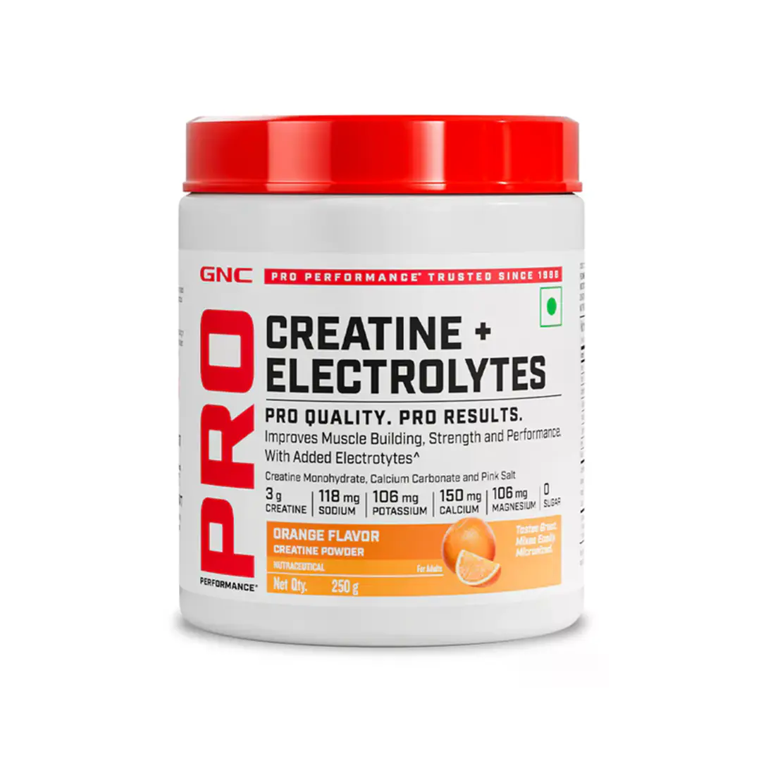 GNC Creatine+ Electrolytes | 3g Creatine Monohydrate + Sodium, Potassium, Calcium, Magnesium | Boosts Muscle Growth, Hydration, Energy & Recovery | Zero Sugar | 100% Veg | 100g | Orange - Orange,250gm