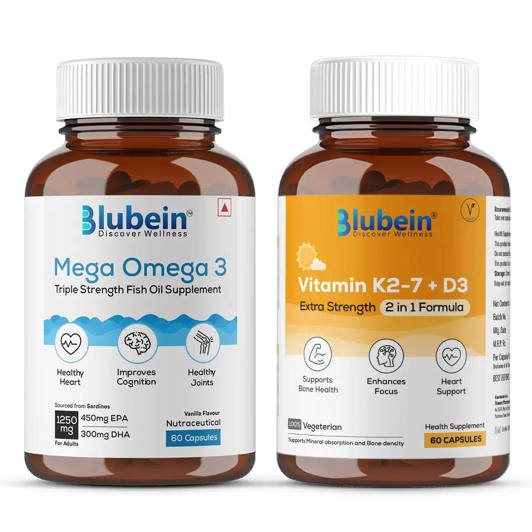 Blubein Omega (60 Capsules) + D3 (60 Capsules) Combo | Triple Strength Omega 3 Fish Oil Capsules (Vanilla) | Vitamin D3 + K2-7 - Combo Pack