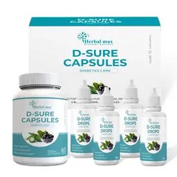 Herbal max - D-Sure Capsules and Drops (60 Caps and 4 X 50 ml Liquid Drops) - with Gymnema Sylvestre - for Sugar Control and Diabetes Care icon