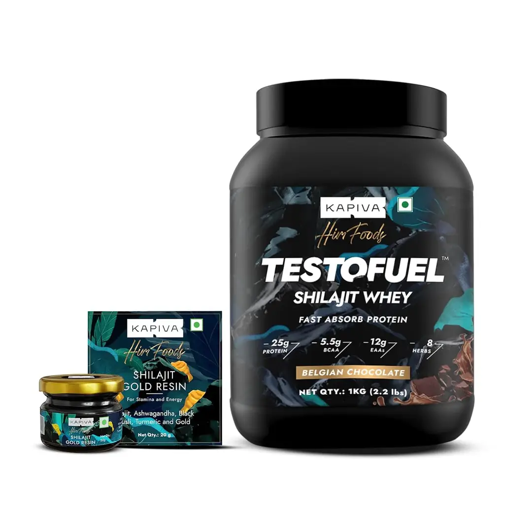 Kapiva Him Foods Shilajit Gold Resin + Kapiva Him Foods Testofuel Shilajit Whey (Combo) - Resin (20g) & Testofuel Shilajit Whey Belgian Chocolate,2.2lb