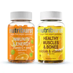 Nutriburst - Immunity Booster with Vitamin C, Zinc and Amla extract 60 Gummies + Nutriburst - Healthy Muscles and Bones Calcium and Vitamin D Sugar Free 60 Natural Lemon Flavour Gummies icon