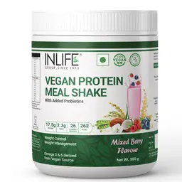 INLIFE - Vegan Plant Based Protein Powder Nutritional Meal Replacement Shake, 17.5g Protein, 26 Vitamins & Minerals, Non-Dairy, Lactose Free with Added Probiotics for Men and Women, 500g (Mixed Berry) icon