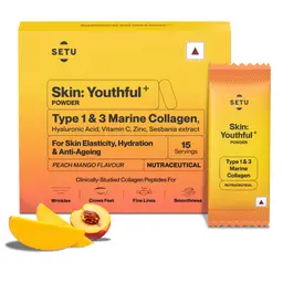 Setu Skin: Youthful Collagen Powder | Hydrolysed Marine Collagen Peptides with N-Acetylglucosamine, Vit C, Zinc and Biotin | Improves Skin Hydration, Elasticity & Texture - Peach Mango Flavour