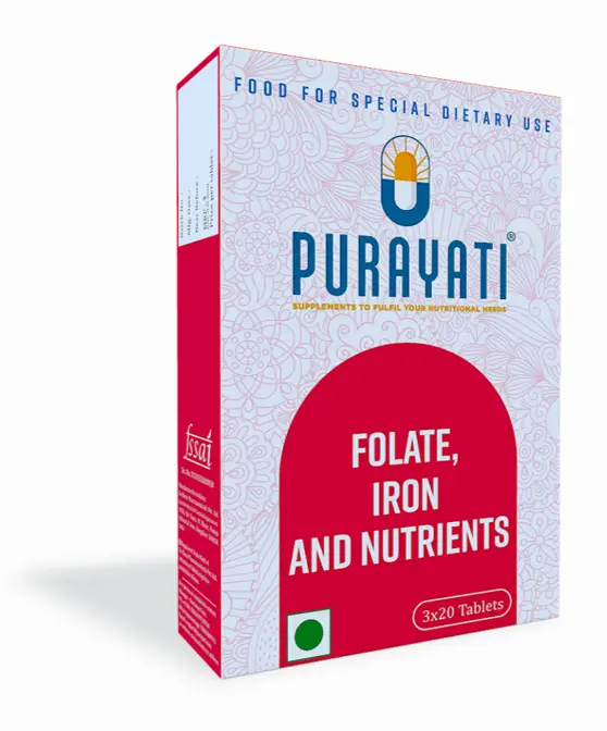 Purayati Folate, Iron and Nutrients | Aids in fighting anaemia |60 Tablets - Pack of 1 (60 Tablets)