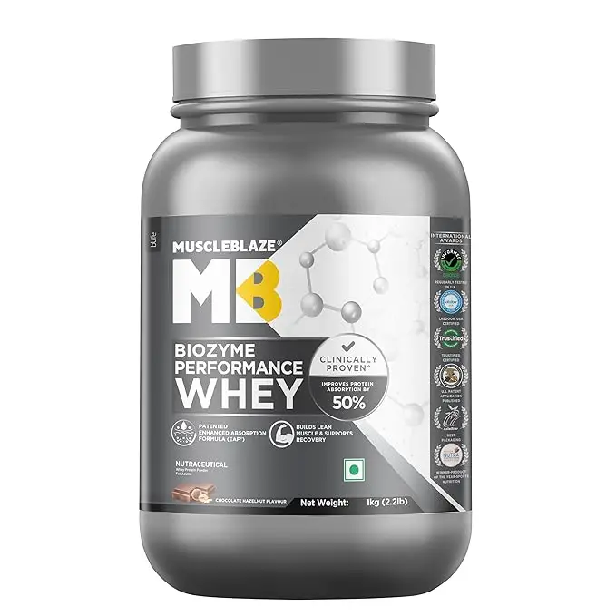 MuscleBlaze Biozyme Performance Whey Protein - with Whey Protein Concentrate, Cocoa Powder for Aiding in Lean Mass Gain - Chocolate Hazelnut,2.2 lb (Jar)