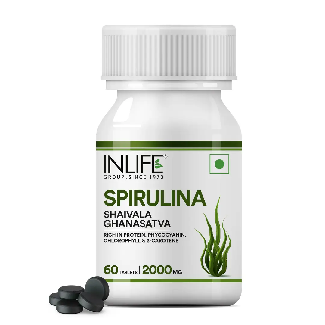 Inlife Spirulina 2000 mg with Green Superfood for Antioxidants, Stamina and Heart Health - Pack of 1 (60 Tablets)